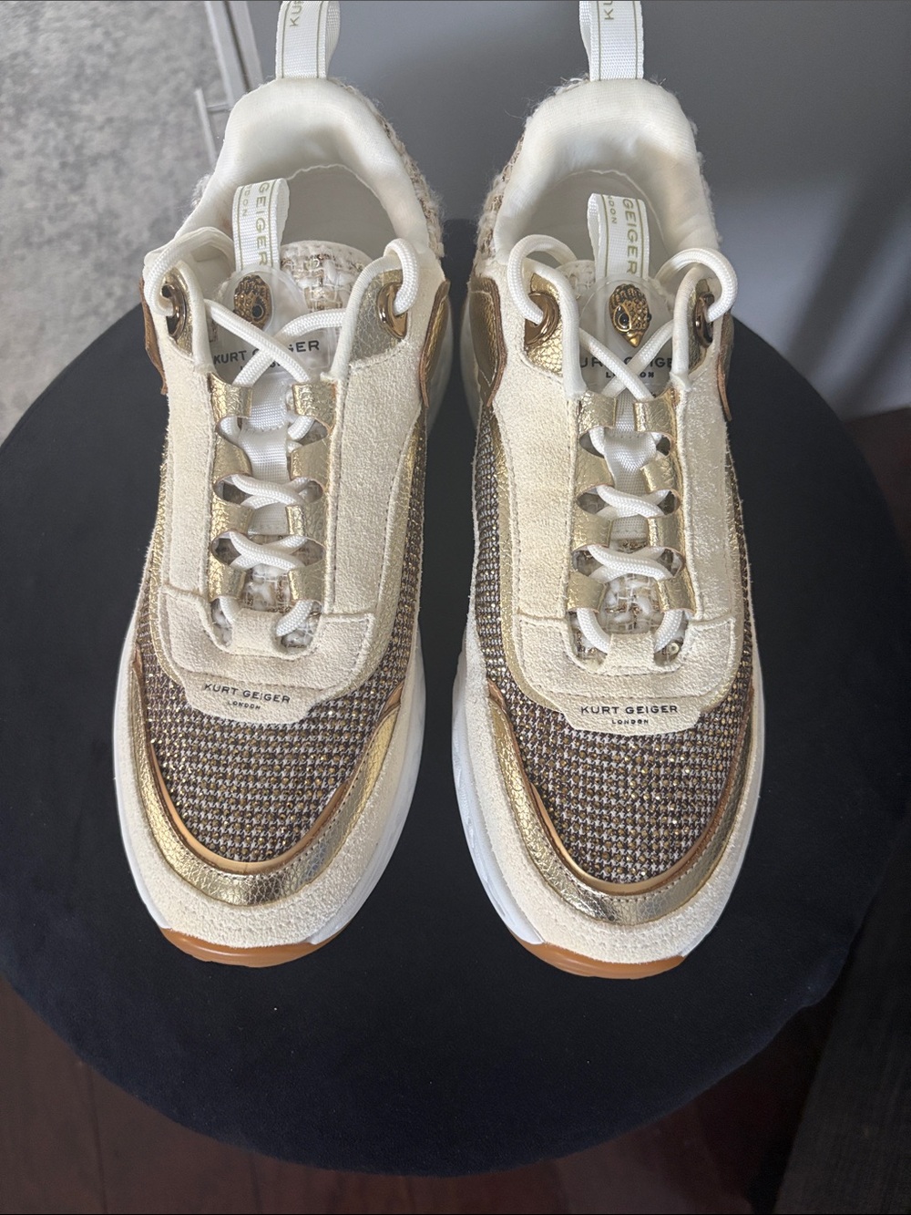 Kurt Geiger Cream and Gold Mixed-Material Sneakers